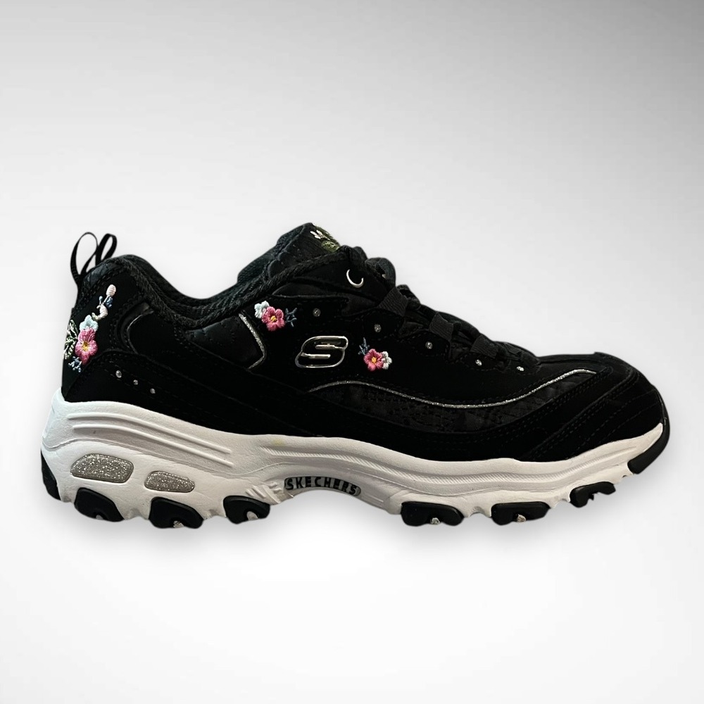 SKECHERS D'Lites Bright Blossoms Black Sneakers Floral‎ Embroidery Leather Upper - Picture 5 of 11